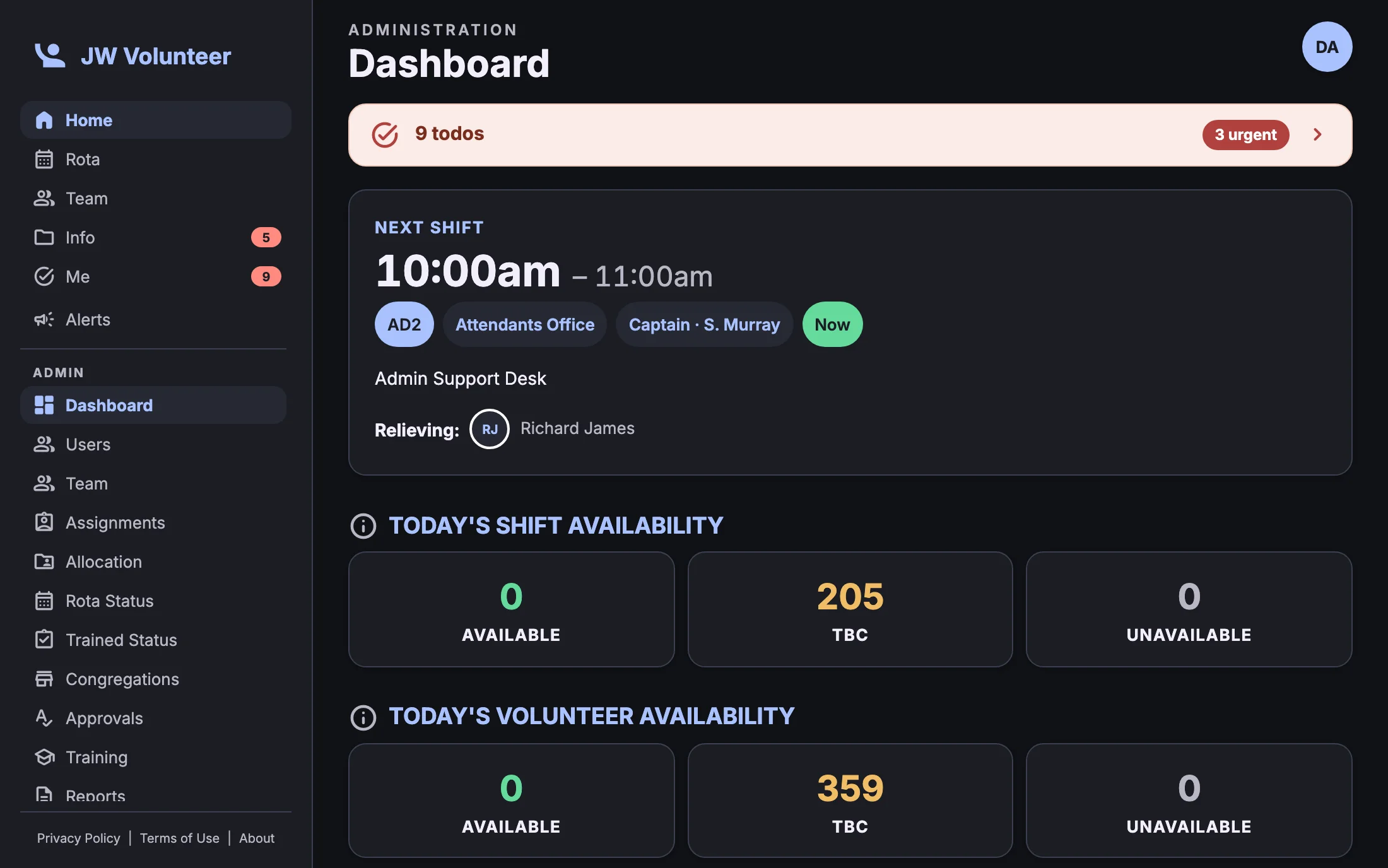 Administration dashboard showing next shift, today's availability and rota status (dark mode)