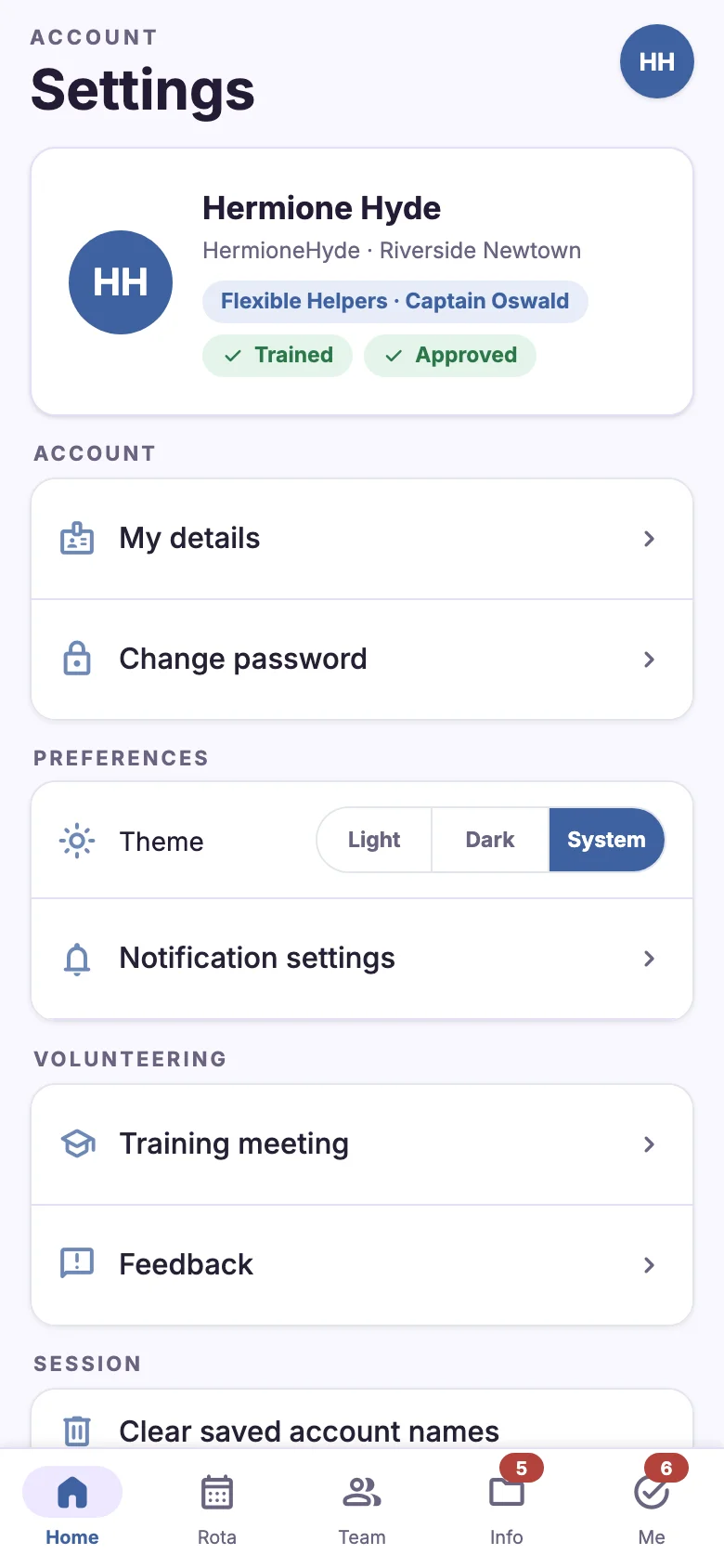 Settings with theme and account options